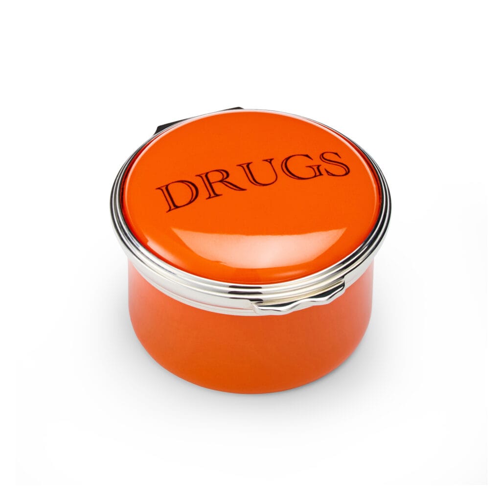 Drugs Orange Enamel Pill Box Circular - D R Harris London