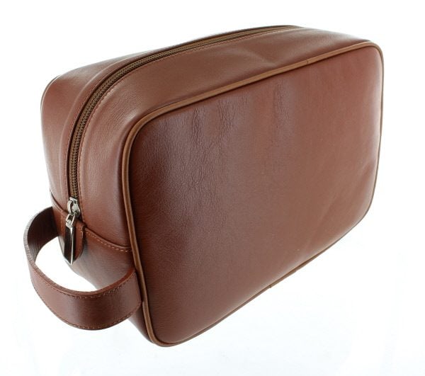 Large Leather Wash Bag - Tan