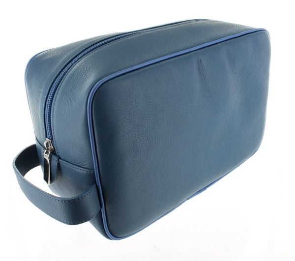 Large Leather Wash Bag - Mid Blue